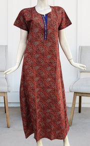 Maroon Motif Garden A Line Pure Cotton Nighty. Pure Durable Cotton | Laces and Frills - Laces and Frills
