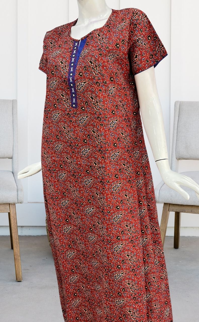 Maroon Motif Garden A Line Pure Cotton Nighty. Pure Durable Cotton | Laces and Frills - Laces and Frills