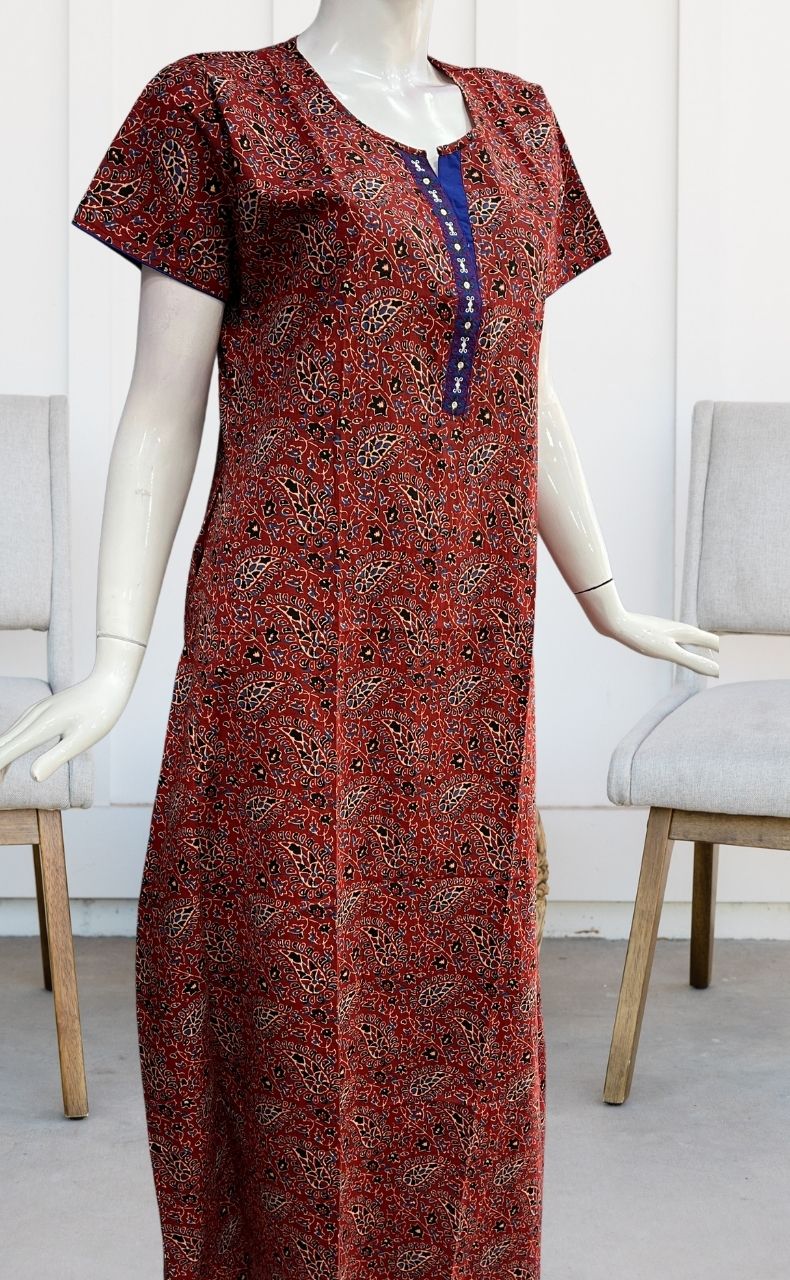 Maroon Motif Garden A Line Pure Cotton Nighty. Pure Durable Cotton | Laces and Frills - Laces and Frills