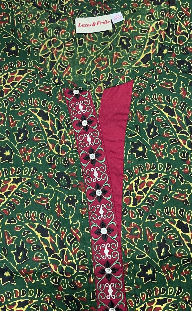 Green Motif Garden A Line Pure Cotton Nighty. Pure Durable Cotton | Laces and Frills - Laces and Frills