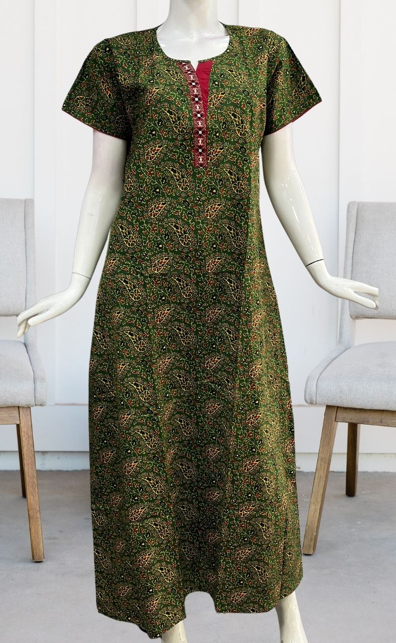 Green Motif Garden A Line Pure Cotton Nighty. Pure Durable Cotton | Laces and Frills - Laces and Frills