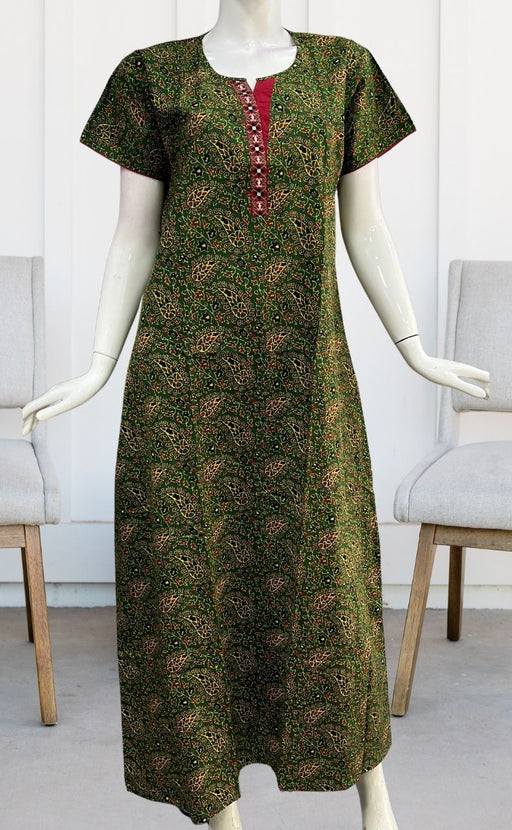 Green Motif Garden A Line Pure Cotton Nighty. Pure Durable Cotton | Laces and Frills - Laces and Frills