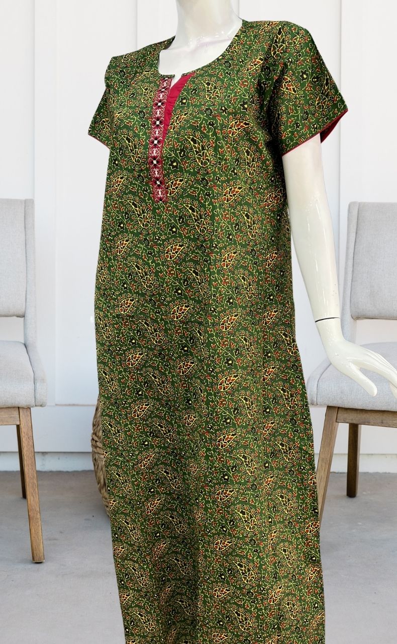 Green Motif Garden A Line Pure Cotton Nighty. Pure Durable Cotton | Laces and Frills - Laces and Frills