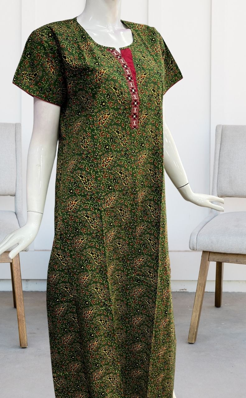 Green Motif Garden A Line Pure Cotton Nighty. Pure Durable Cotton | Laces and Frills - Laces and Frills