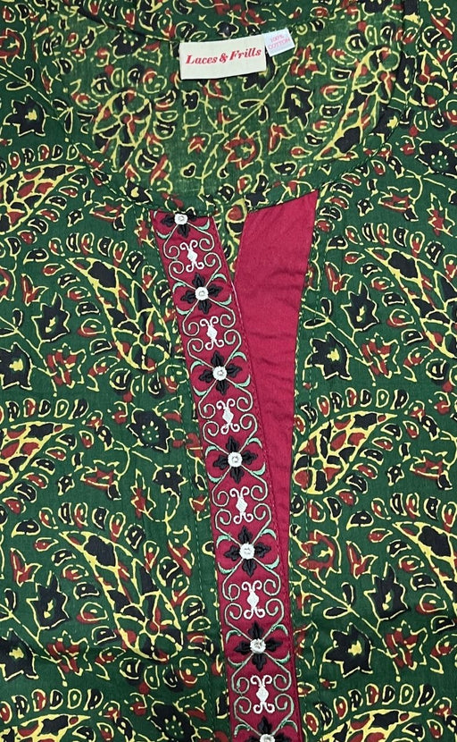 Green Motif Garden A Line Pure Cotton Nighty. Pure Durable Cotton | Laces and Frills - Laces and Frills