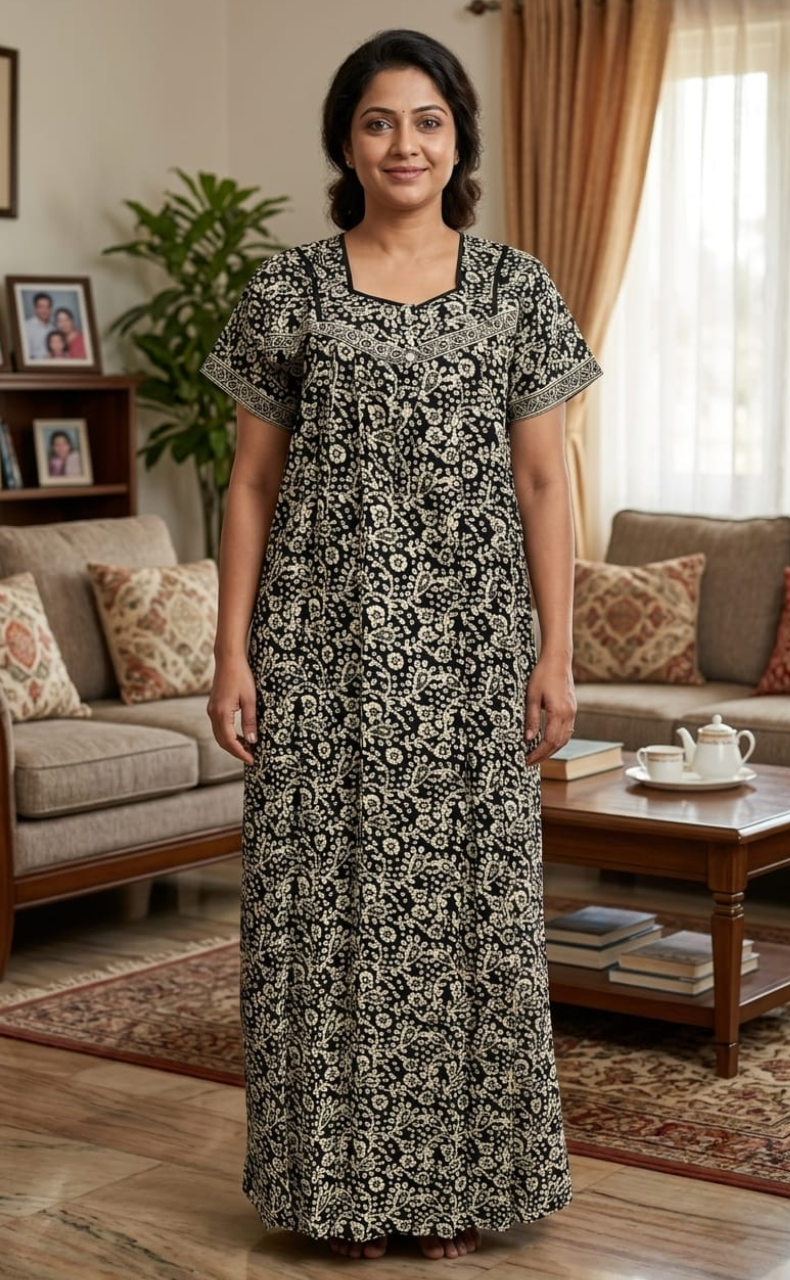 Black Batik Pure Cotton Nighty. Pure Durable Cotton | Laces and Frills