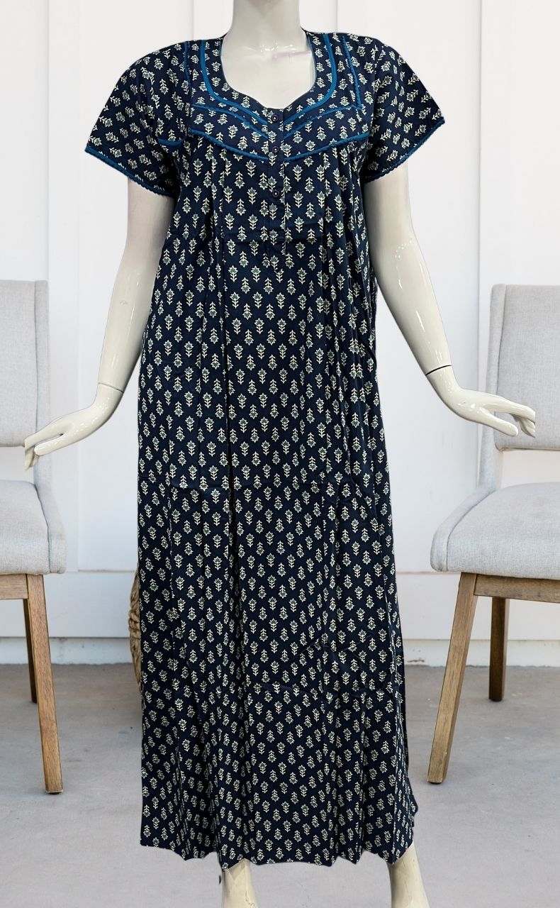 Blue Floral Pure Cotton Nighty. Pure Durable Cotton | Laces and Frills - Laces and Frills