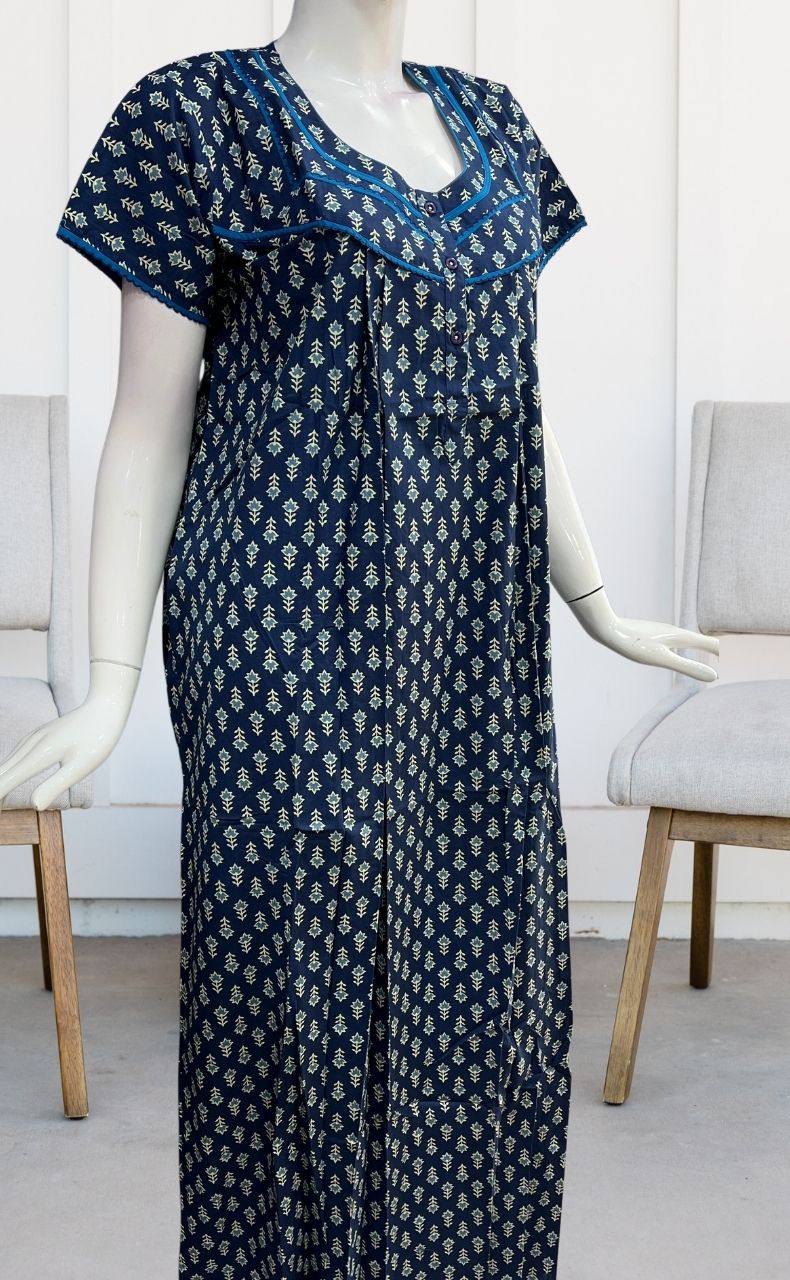 Blue Floral Pure Cotton Nighty. Pure Durable Cotton | Laces and Frills - Laces and Frills