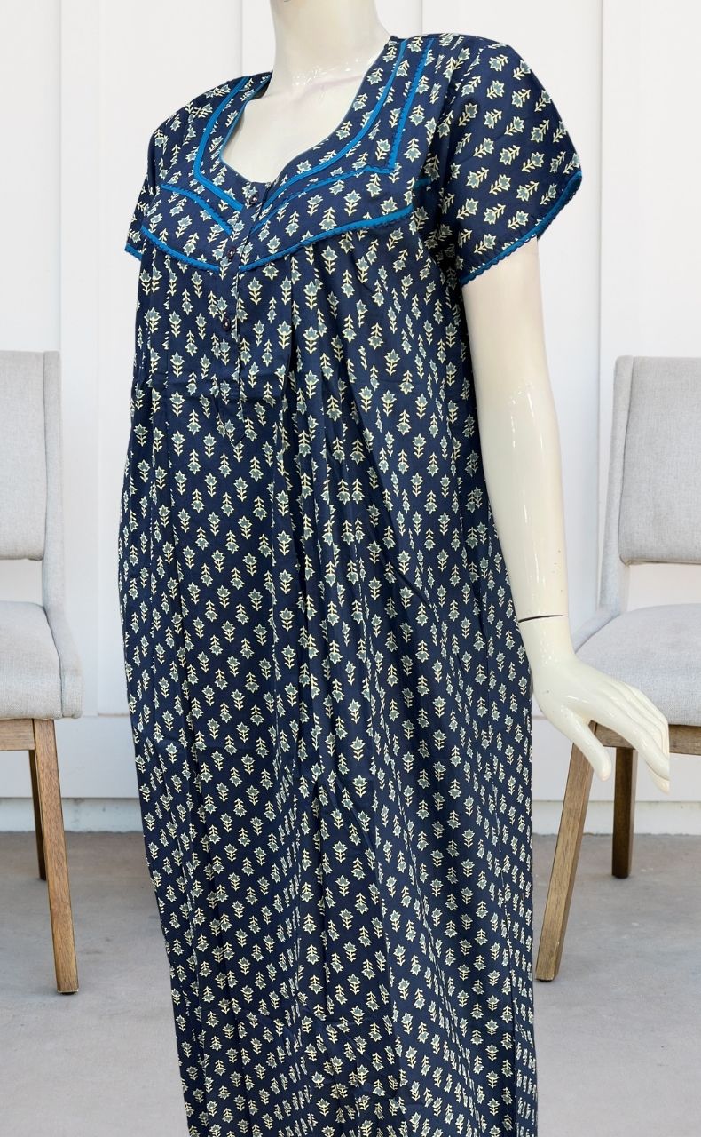 Blue Floral Pure Cotton Nighty. Pure Durable Cotton | Laces and Frills - Laces and Frills