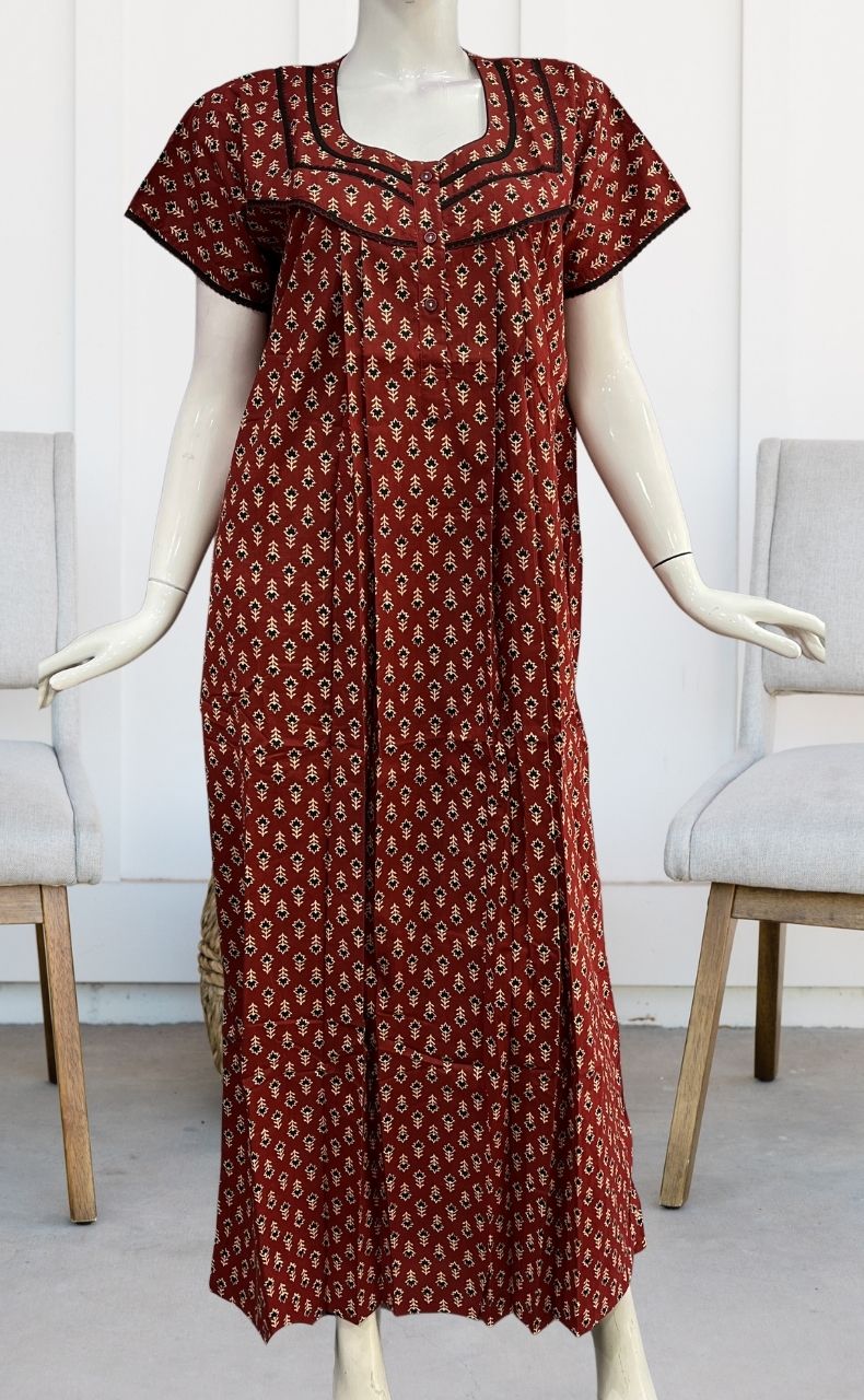 Maroon Floral Pure Cotton Nighty. Pure Durable Cotton | Laces and Frills - Laces and Frills