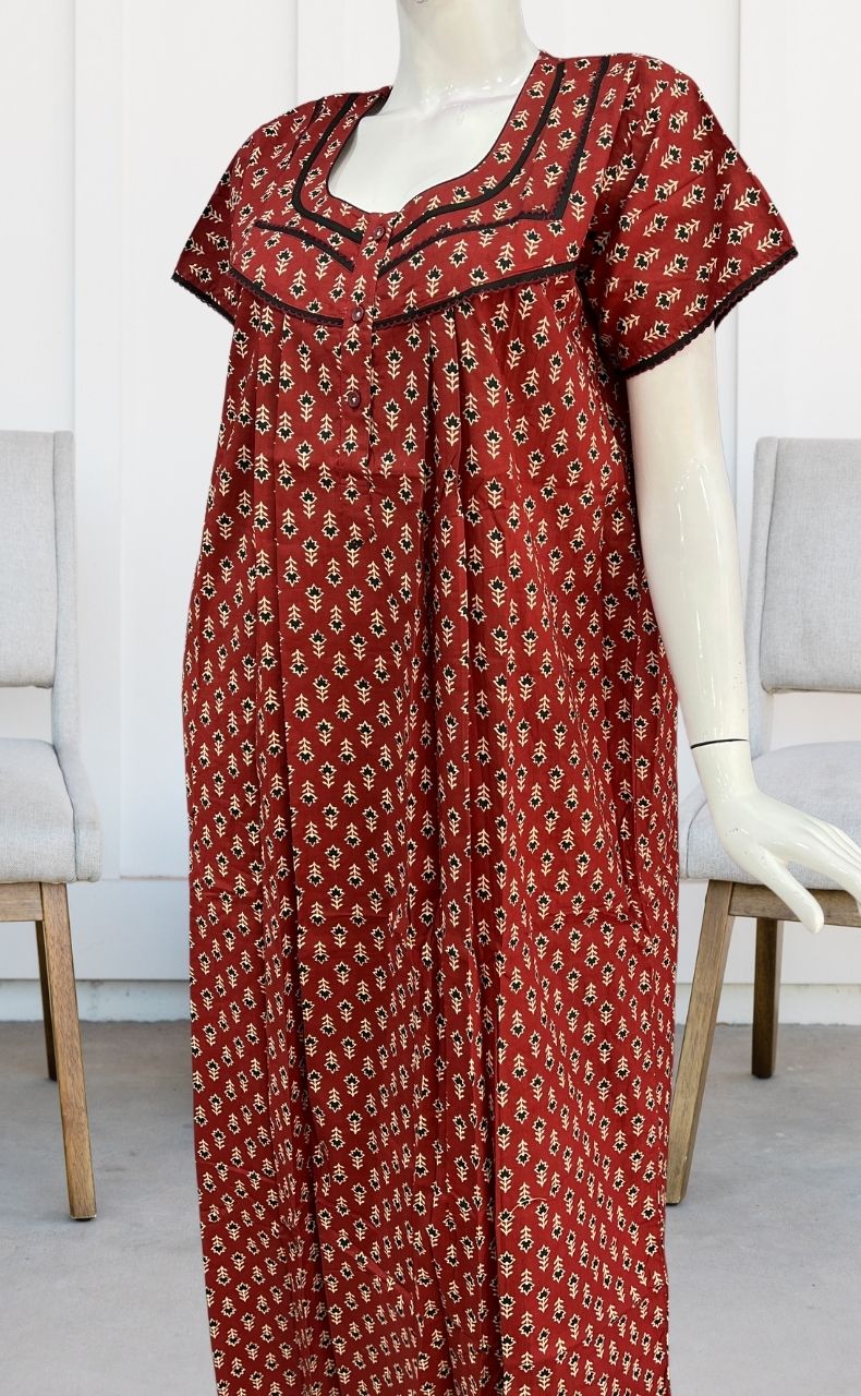 Maroon Floral Pure Cotton Nighty. Pure Durable Cotton | Laces and Frills - Laces and Frills