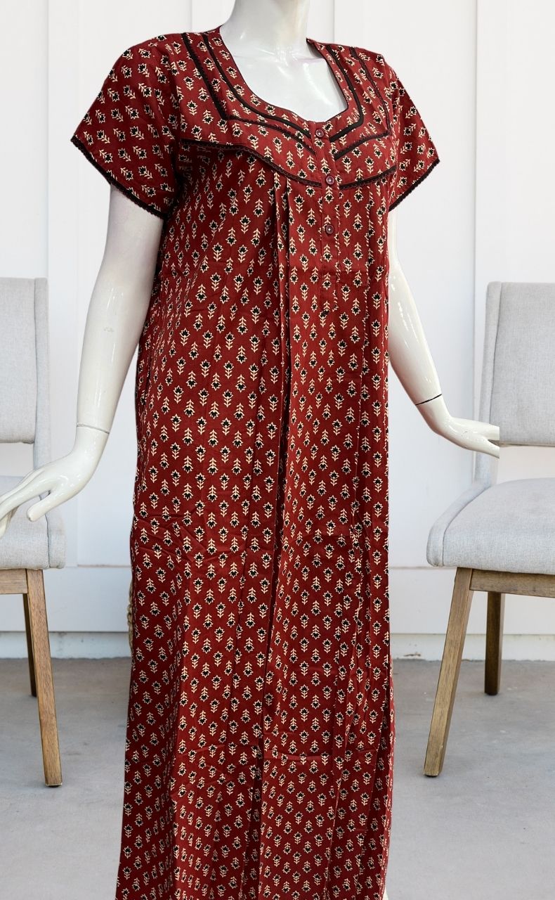 Maroon Floral Pure Cotton Nighty. Pure Durable Cotton | Laces and Frills - Laces and Frills