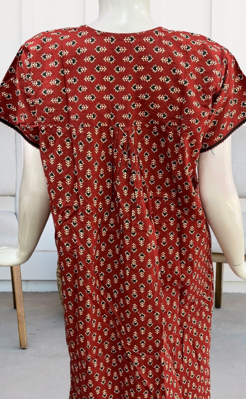 Maroon Floral Pure Cotton Nighty. Pure Durable Cotton | Laces and Frills - Laces and Frills