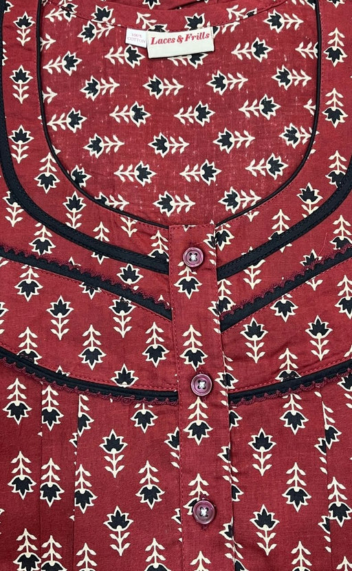Maroon Floral Pure Cotton Nighty. Pure Durable Cotton | Laces and Frills - Laces and Frills