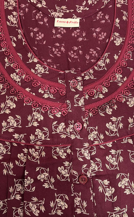 Maroon Floral Garden Spun Nighty. Flowy Spun Fabric | Laces and Frills - Laces and Frills