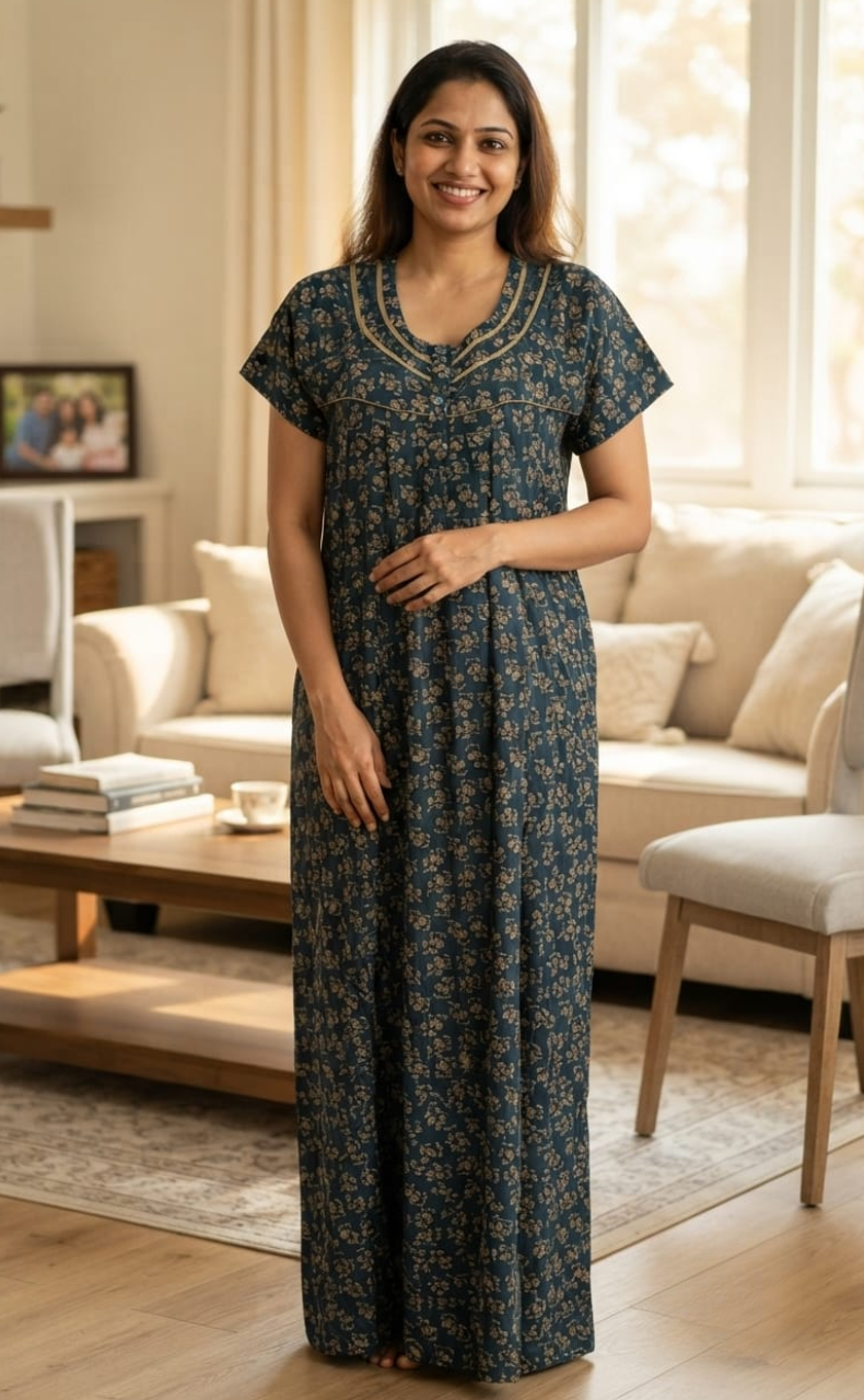 Teal Blue Floral Garden Spun Nighty. Flowy Spun Fabric | Laces and Frills