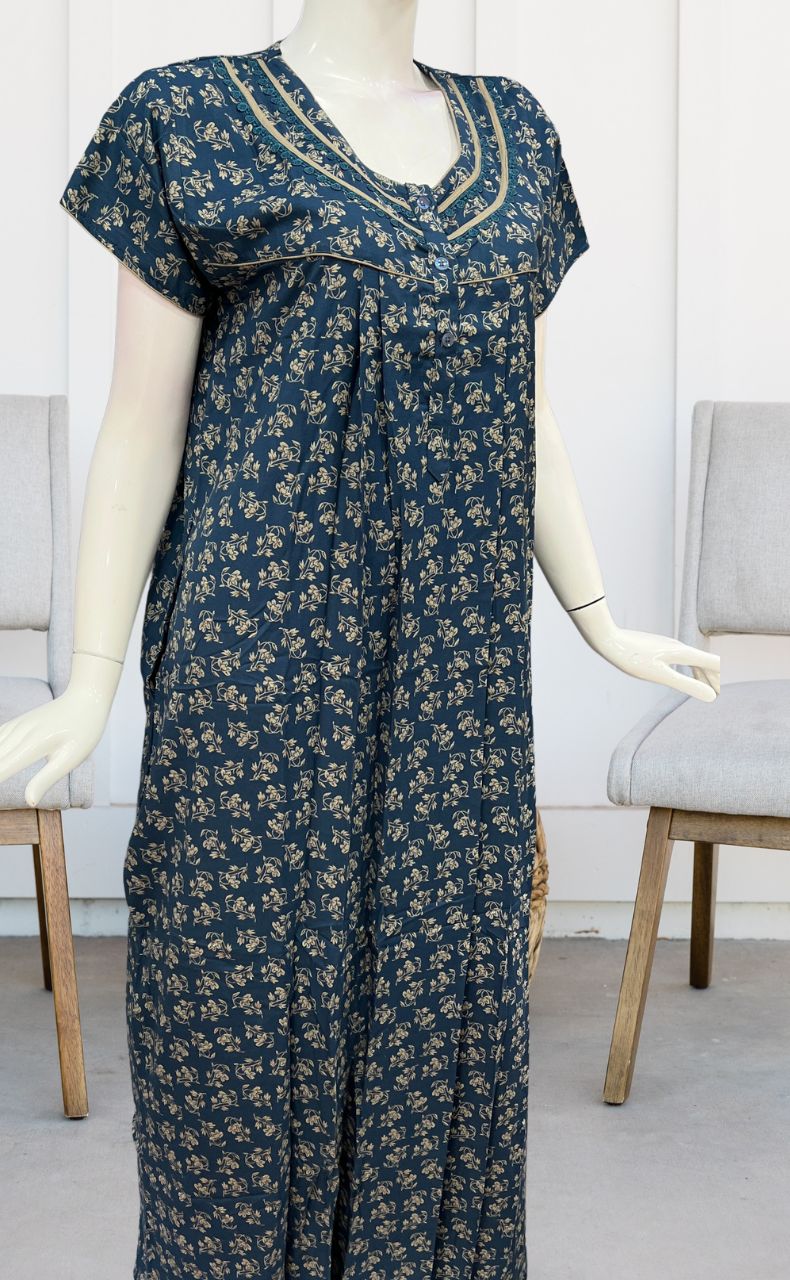 Teal Blue Floral Garden Spun Nighty. Flowy Spun Fabric | Laces and Frills - Laces and Frills