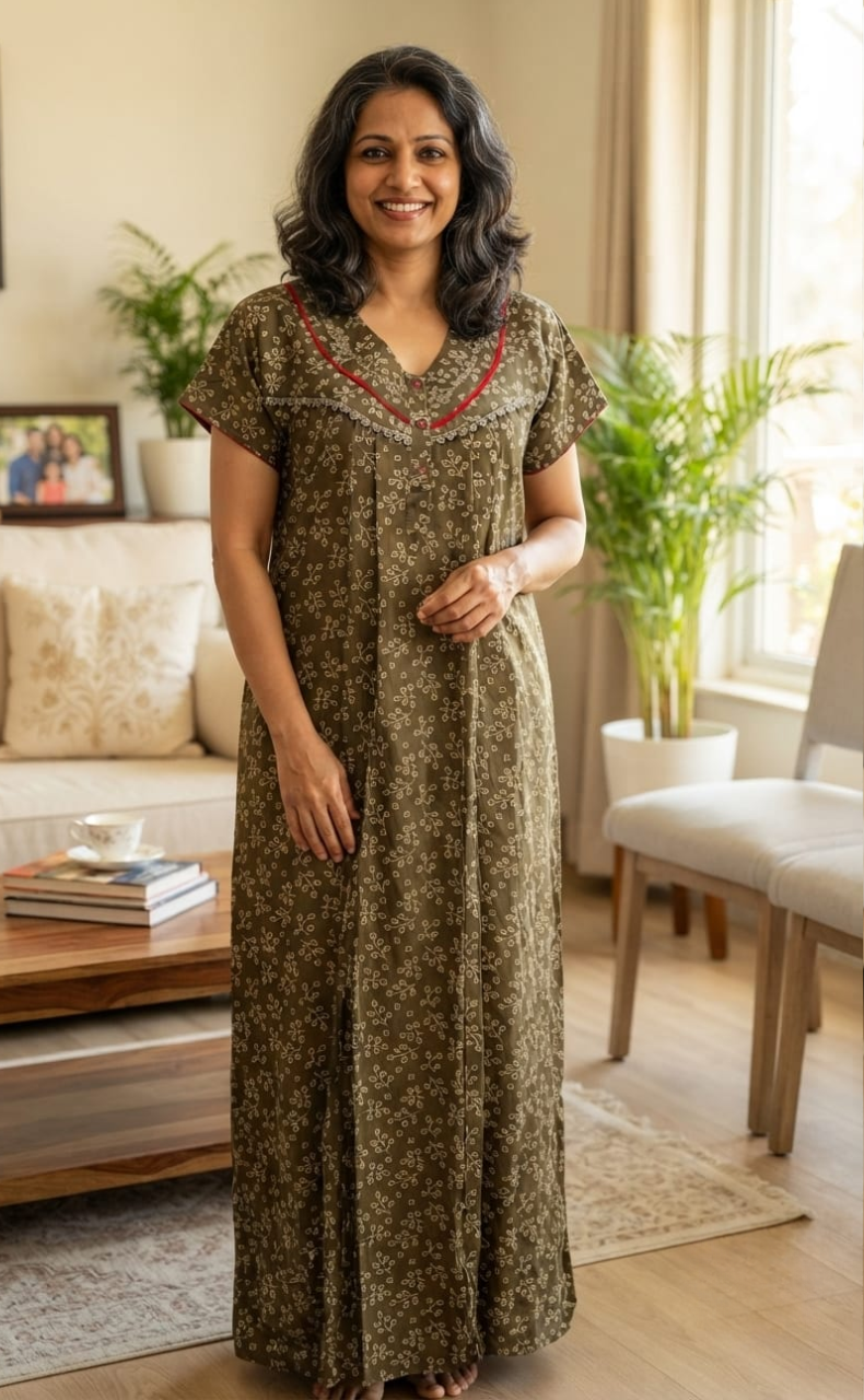 Beige Leafy Spun Nighty. Flowy Spun Fabric | Laces and Frills