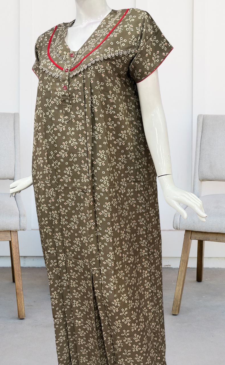 Beige Leafy Spun Nighty. Flowy Spun Fabric | Laces and Frills - Laces and Frills