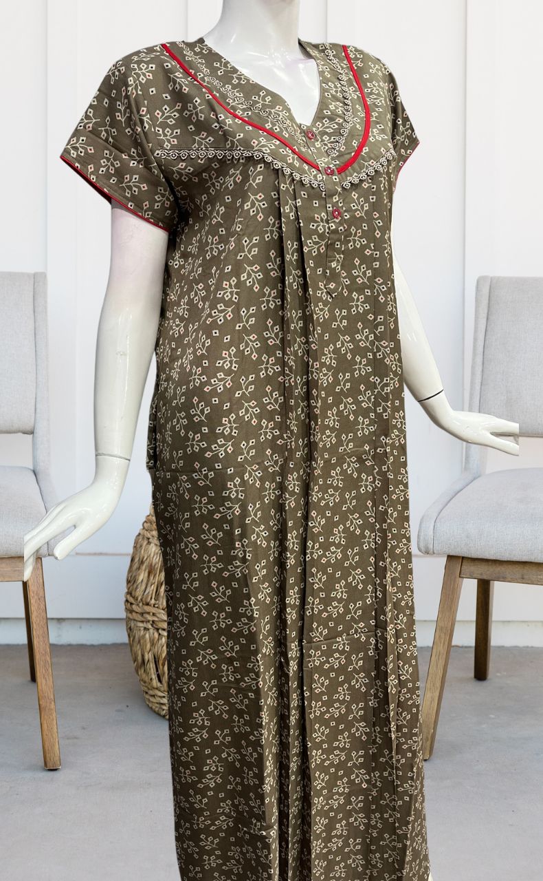 Beige Leafy Spun Nighty. Flowy Spun Fabric | Laces and Frills - Laces and Frills