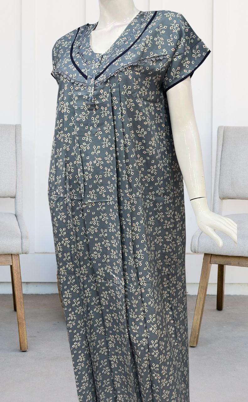 Grey Leafy Spun Nighty. Flowy Spun Fabric | Laces and Frills - Laces and Frills