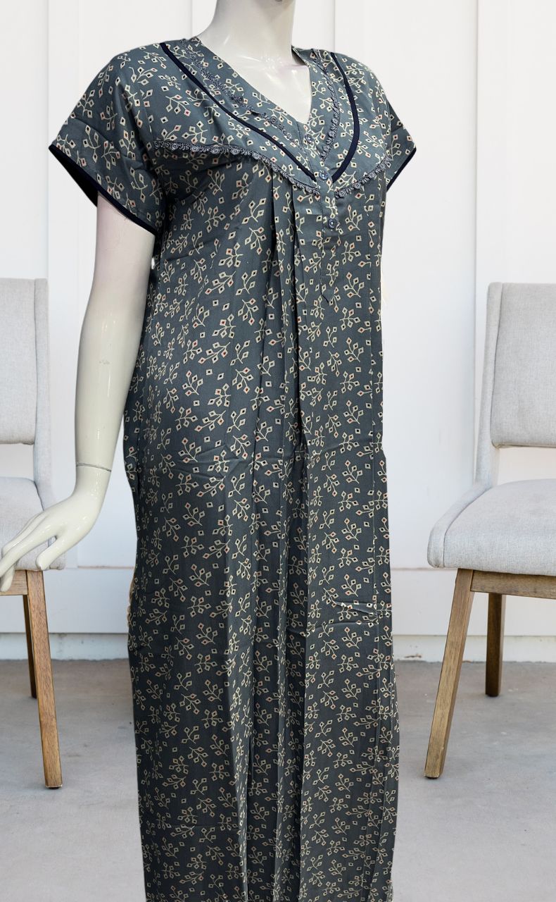 Grey Leafy Spun Nighty. Flowy Spun Fabric | Laces and Frills - Laces and Frills