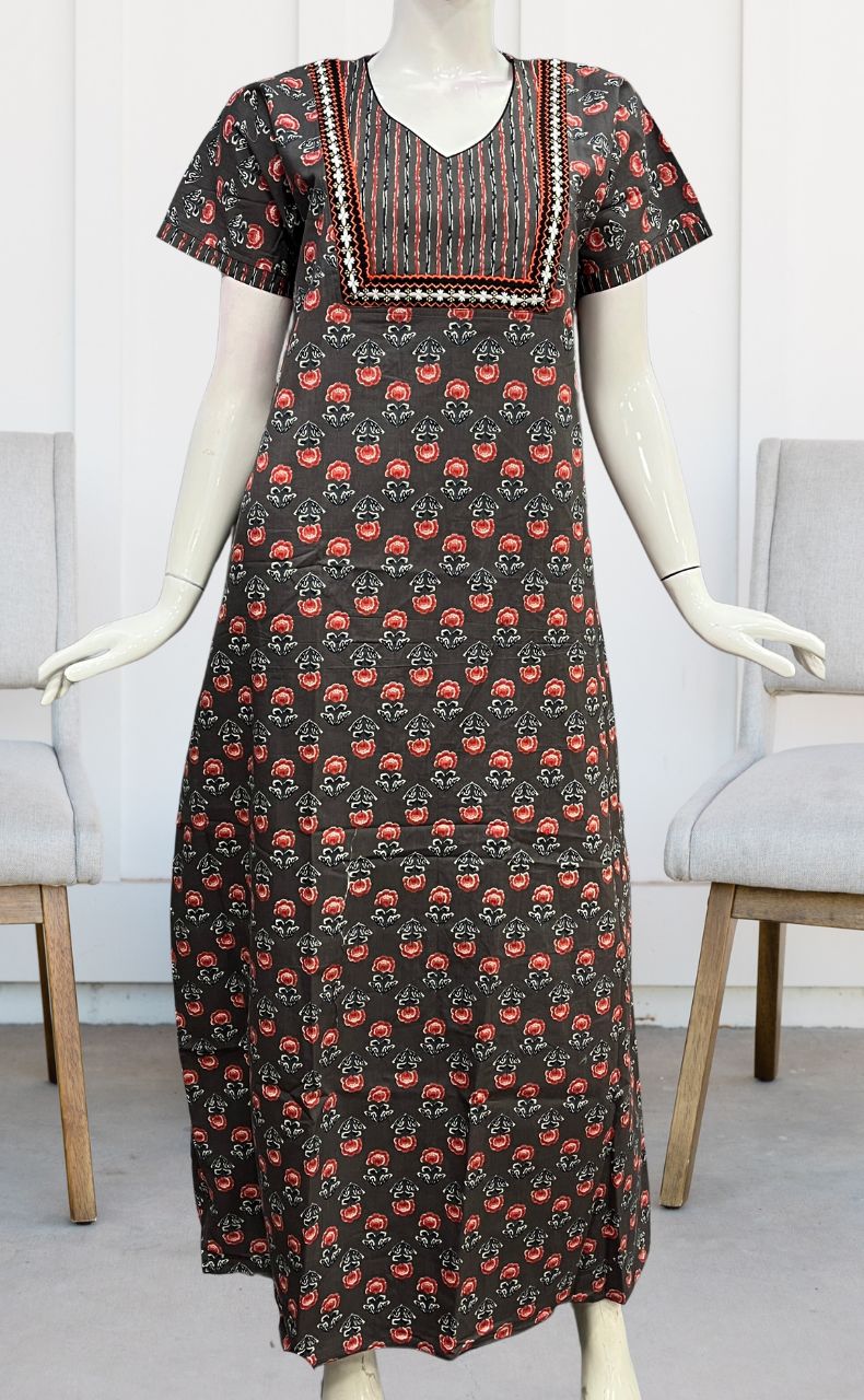 Beige Floral Pure Cotton Nighty. Pure Durable Cotton | Laces and Frills - Laces and Frills