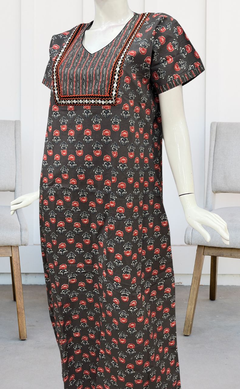 Beige Floral Pure Cotton Nighty. Pure Durable Cotton | Laces and Frills - Laces and Frills