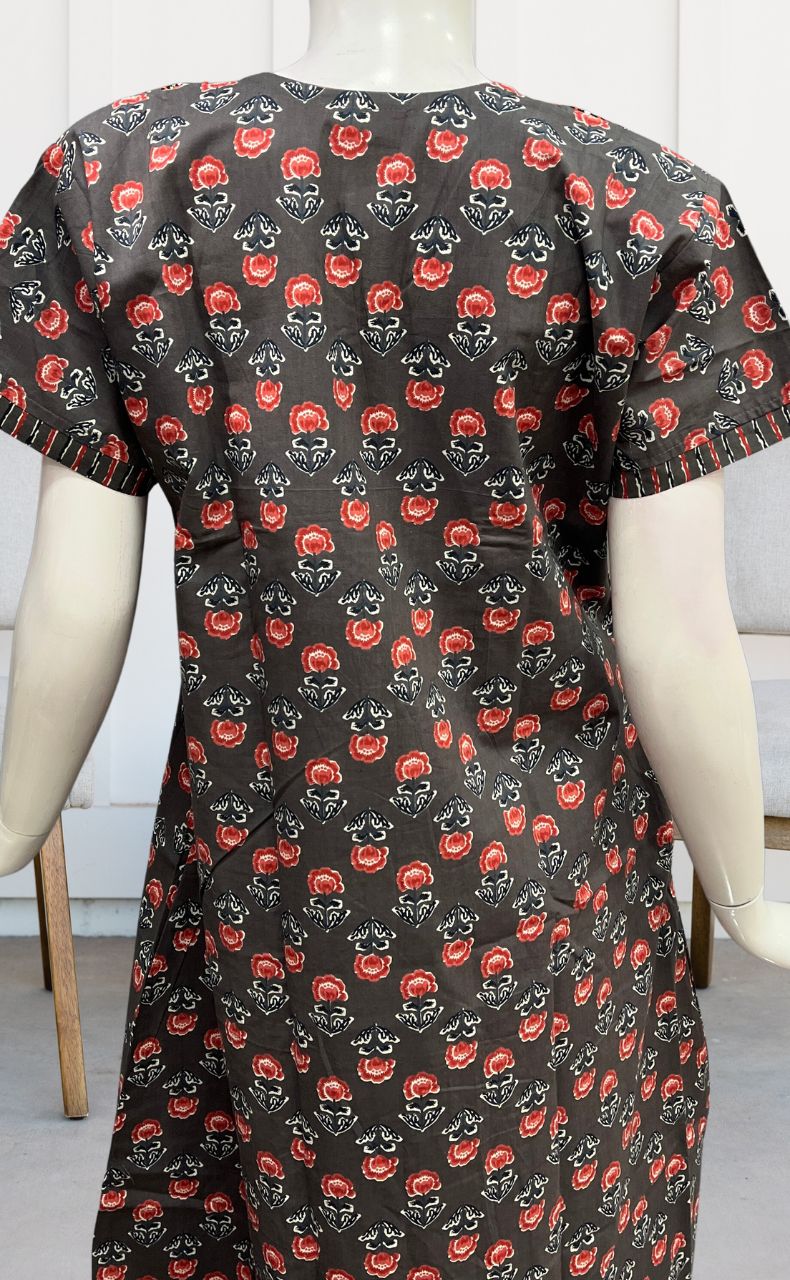 Beige Floral Pure Cotton Nighty. Pure Durable Cotton | Laces and Frills - Laces and Frills