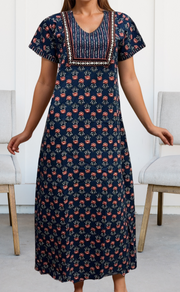 Blue Floral Pure Cotton Nighty. Pure Durable Cotton | Laces and Frills - Laces and Frills