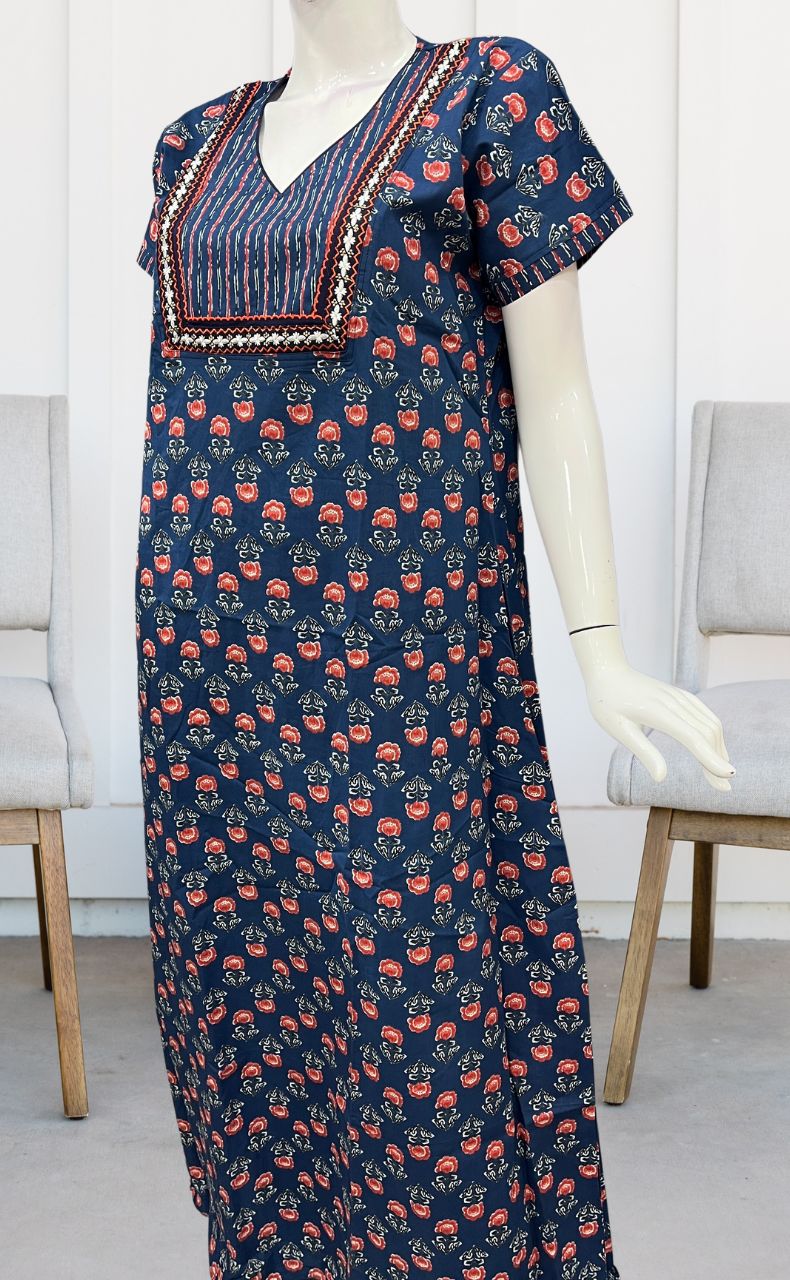 Blue Floral Pure Cotton Nighty. Pure Durable Cotton | Laces and Frills - Laces and Frills