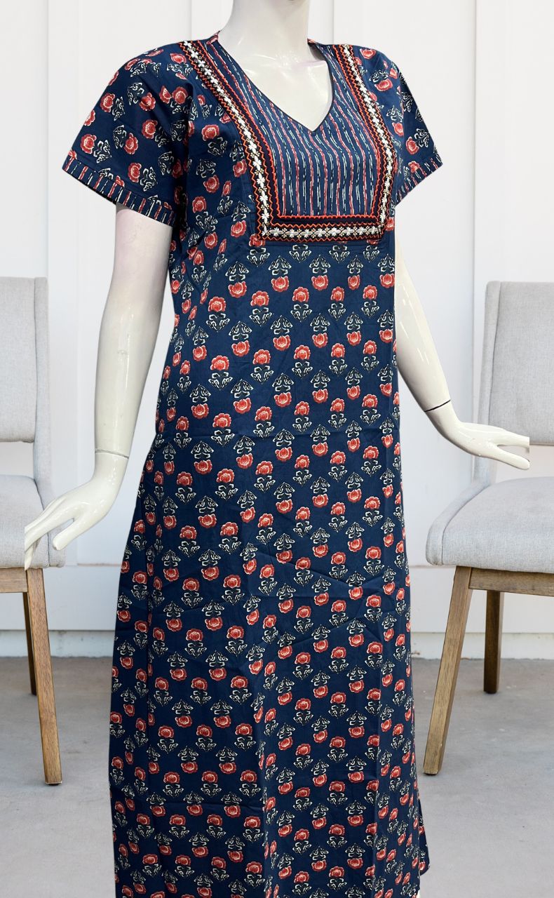 Blue Floral Pure Cotton Nighty. Pure Durable Cotton | Laces and Frills - Laces and Frills