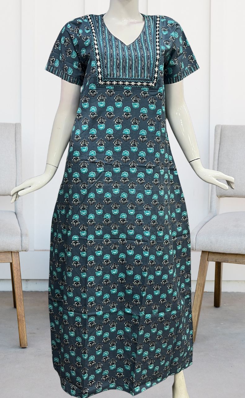 Sea Green Floral Pure Cotton Nighty. Pure Durable Cotton | Laces and Frills - Laces and Frills