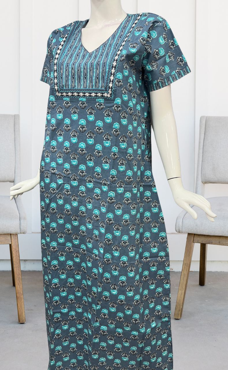Sea Green Floral Pure Cotton Nighty. Pure Durable Cotton | Laces and Frills - Laces and Frills