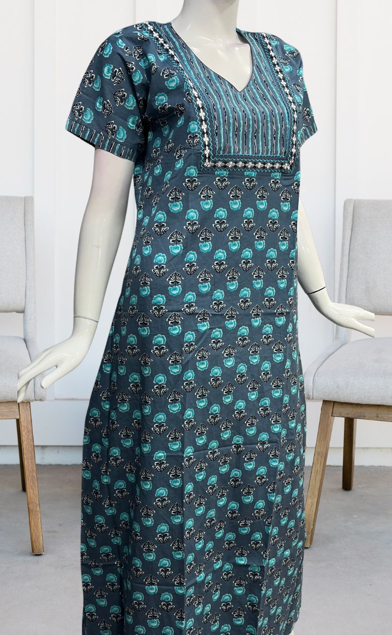 Sea Green Floral Pure Cotton Nighty. Pure Durable Cotton | Laces and Frills - Laces and Frills