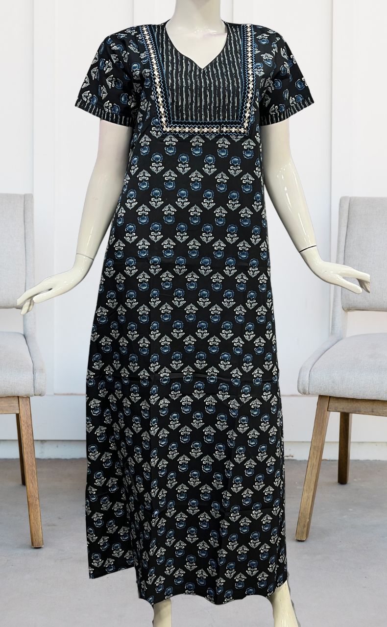 Black Floral Pure Cotton Nighty. Pure Durable Cotton | Laces and Frills - Laces and Frills