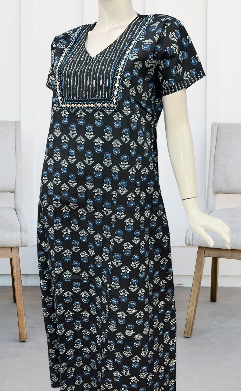 Black Floral Pure Cotton Nighty. Pure Durable Cotton | Laces and Frills - Laces and Frills