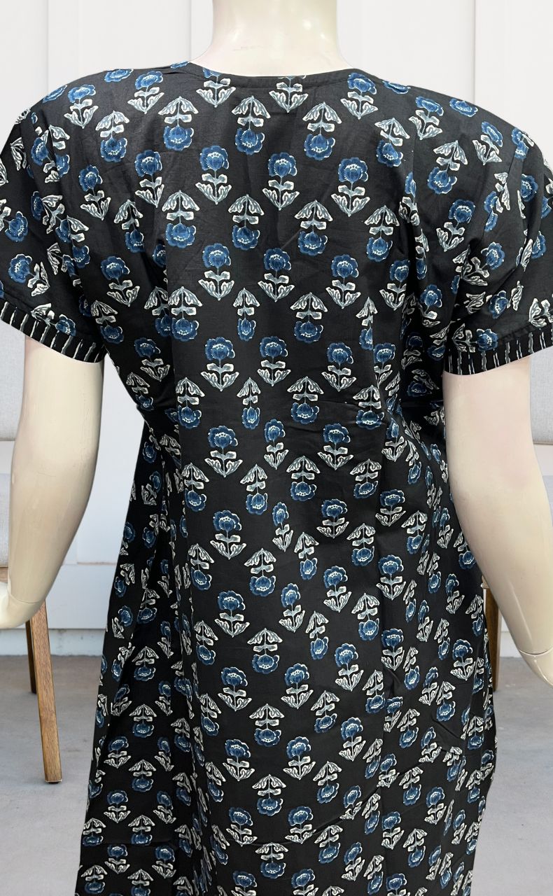 Black Floral Pure Cotton Nighty. Pure Durable Cotton | Laces and Frills - Laces and Frills