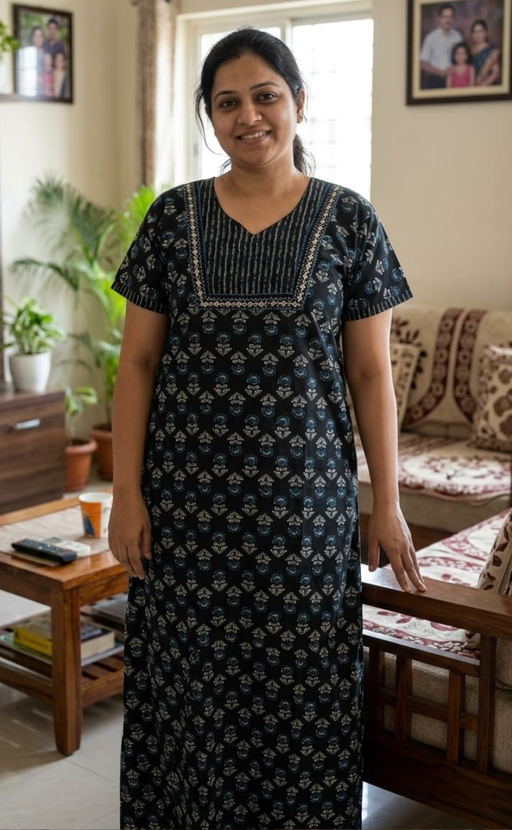 Black Floral Pure Cotton Nighty. Pure Durable Cotton | Laces and Frills - Laces and Frills