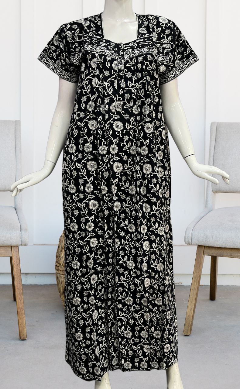Black Garden Floral Pure Cotton Nighty. Pure Durable Cotton | Laces and Frills - Laces and Frills