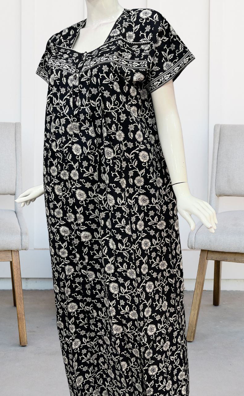 Black Garden Floral Pure Cotton Nighty. Pure Durable Cotton | Laces and Frills - Laces and Frills
