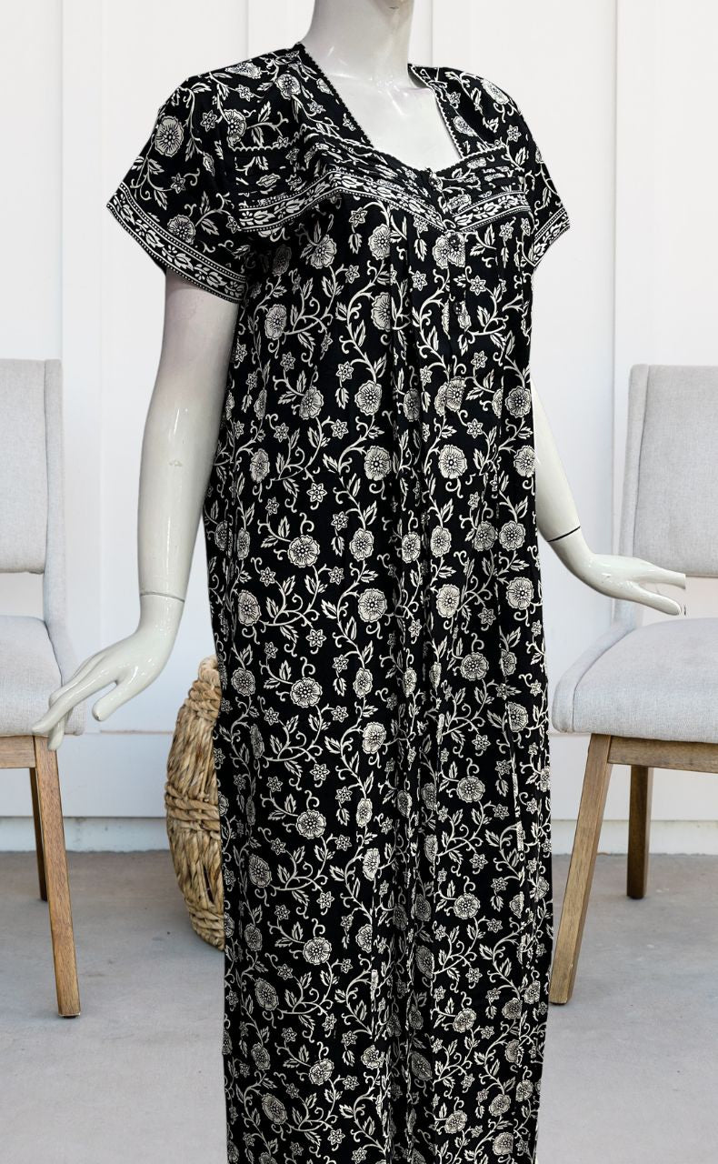 Black Garden Floral Pure Cotton Nighty. Pure Durable Cotton | Laces and Frills - Laces and Frills