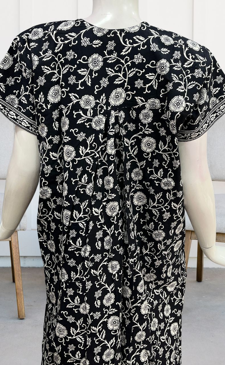 Black Garden Floral Pure Cotton Nighty. Pure Durable Cotton | Laces and Frills - Laces and Frills