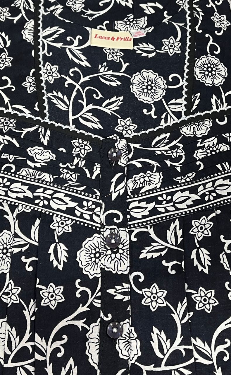 Black Garden Floral Pure Cotton Nighty. Pure Durable Cotton | Laces and Frills - Laces and Frills