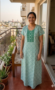 White/Green Garden Pure Cotton Nighty. Pure Durable Cotton | Laces and Frills - Laces and Frills