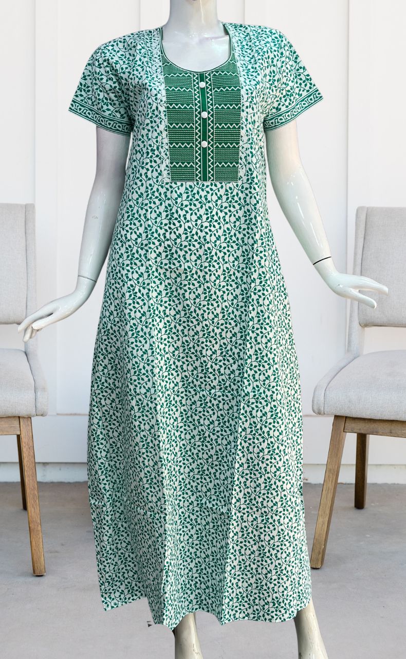 White/Green Garden Pure Cotton Nighty. Pure Durable Cotton | Laces and Frills - Laces and Frills