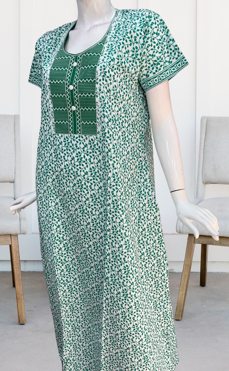 White/Green Garden Pure Cotton Nighty. Pure Durable Cotton | Laces and Frills - Laces and Frills
