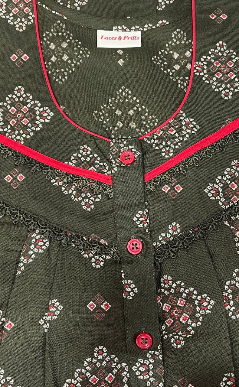 Olive Green Flora Spun Nighty. Flowy Spun Fabric | Laces and Frills - Laces and Frills