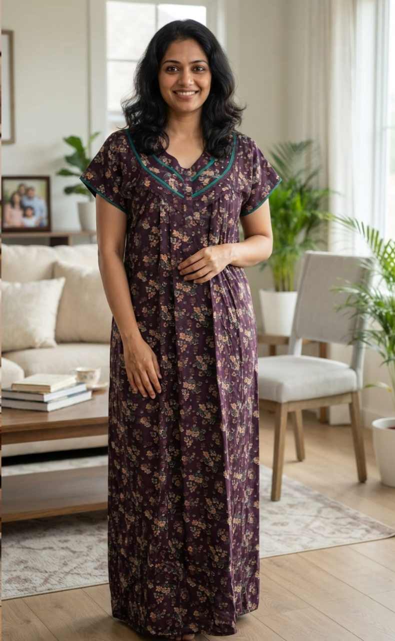 Dark Violet/Sea Green Garden Spun Nighty. Flowy Spun Fabric | Laces and Frills
