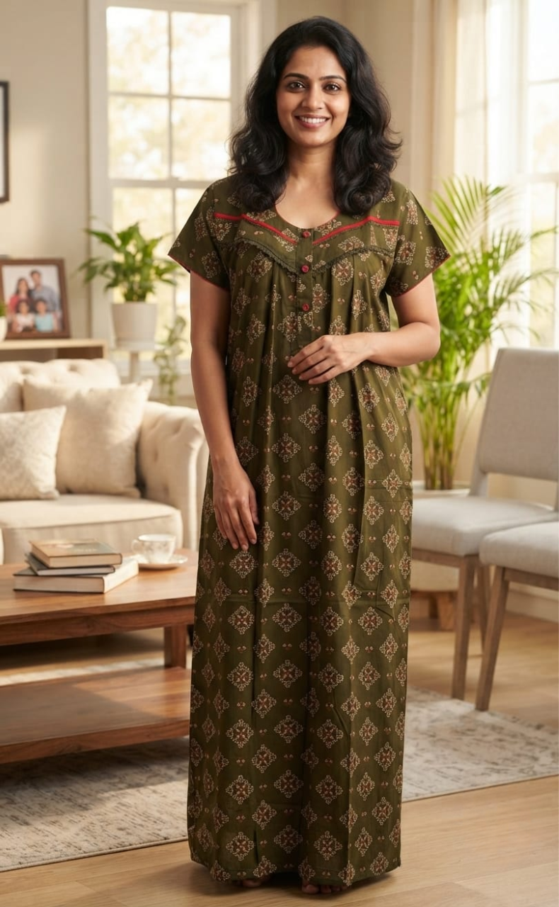 Olive Green Flora Spun Nighty. Flowy Spun Fabric | Laces and Frills